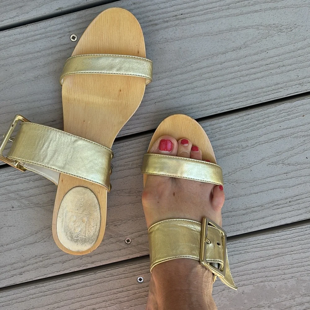 Kate Spade gold double adjustable buckles strap wooden round heel Sandals
